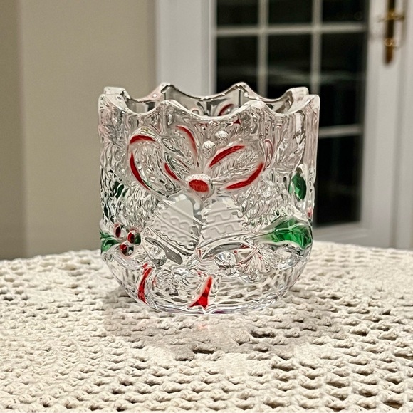Mikasa Holiday Bells Crystal Votive Candle Holder Frosted Bells Ribbons Holly - Picture 1 of 4